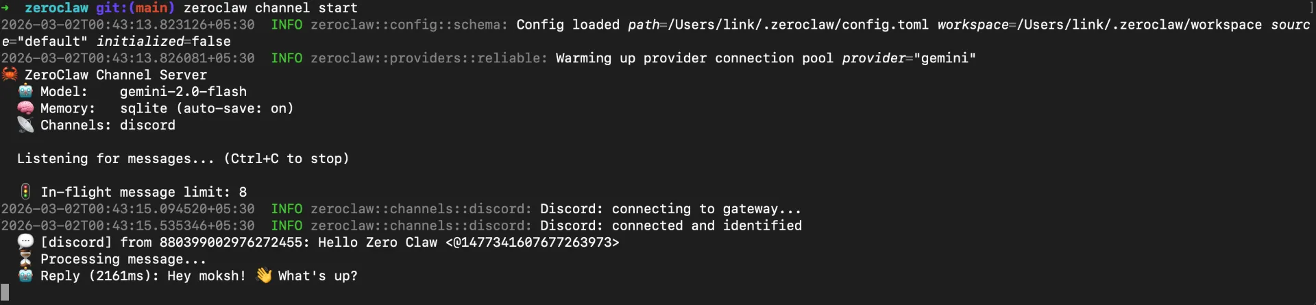 ZeroClaw terminal logs showing Discord message and reply